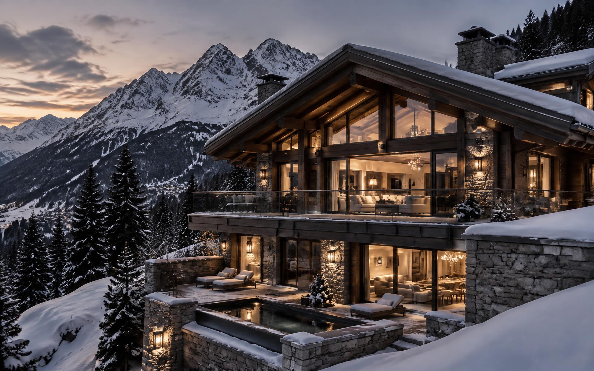 Luxury alpine chalet at dusk with snow-covered peaks in the French Alps